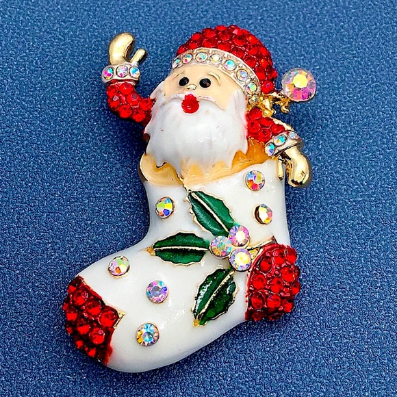 Source Unknown Jewelry - Crystal Santa Stocking Delightful Red & Green Enamel Brooch
